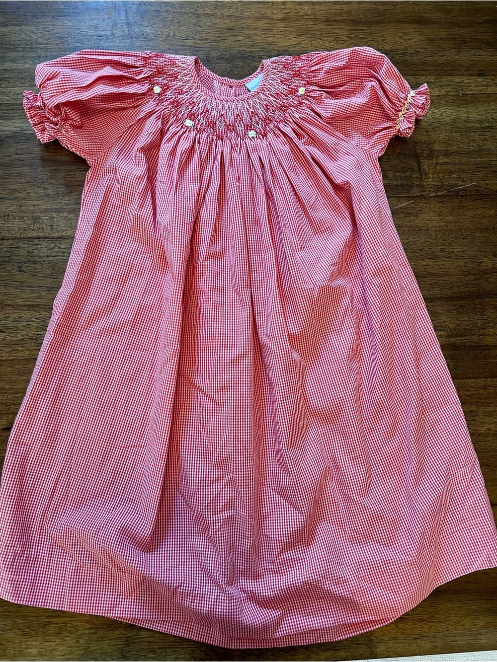 Remember Nguyen Red Gingham Smocked Puff Sleeve Bishop Dress